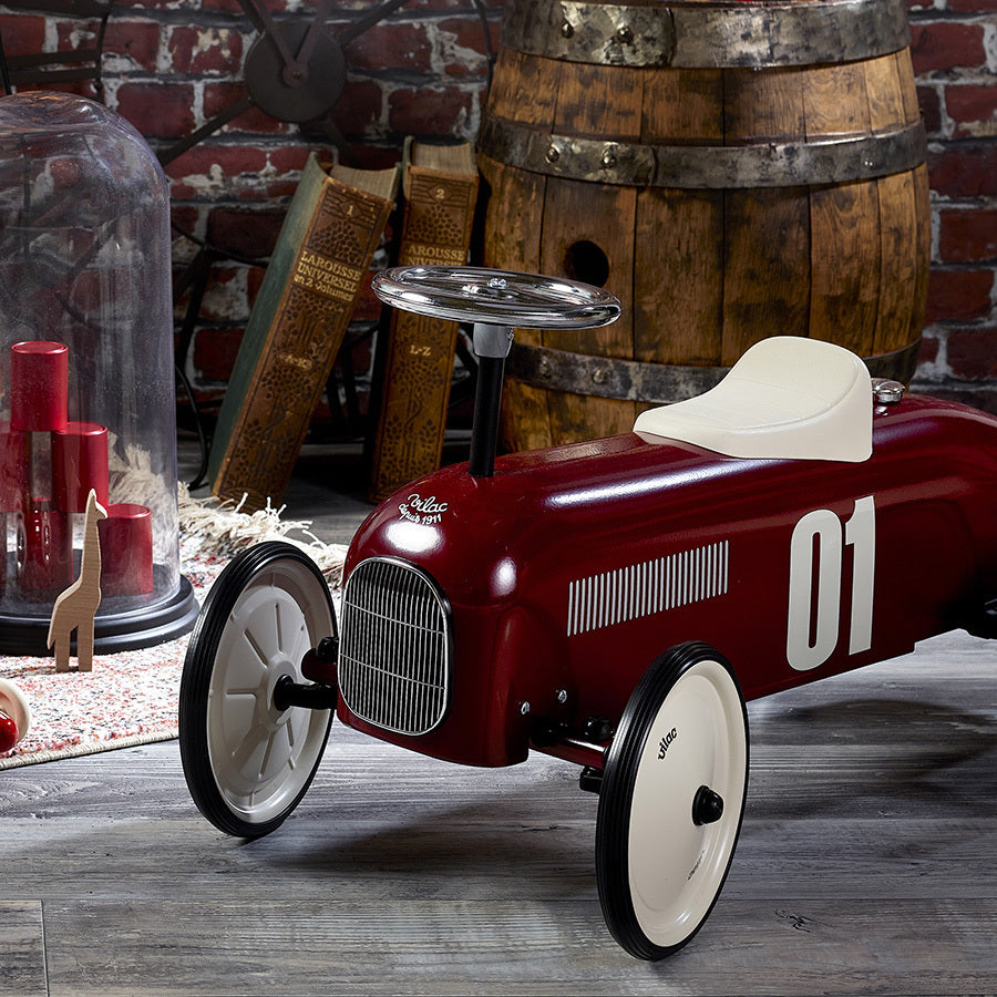 Vilac metal ride-on car in Burgundy