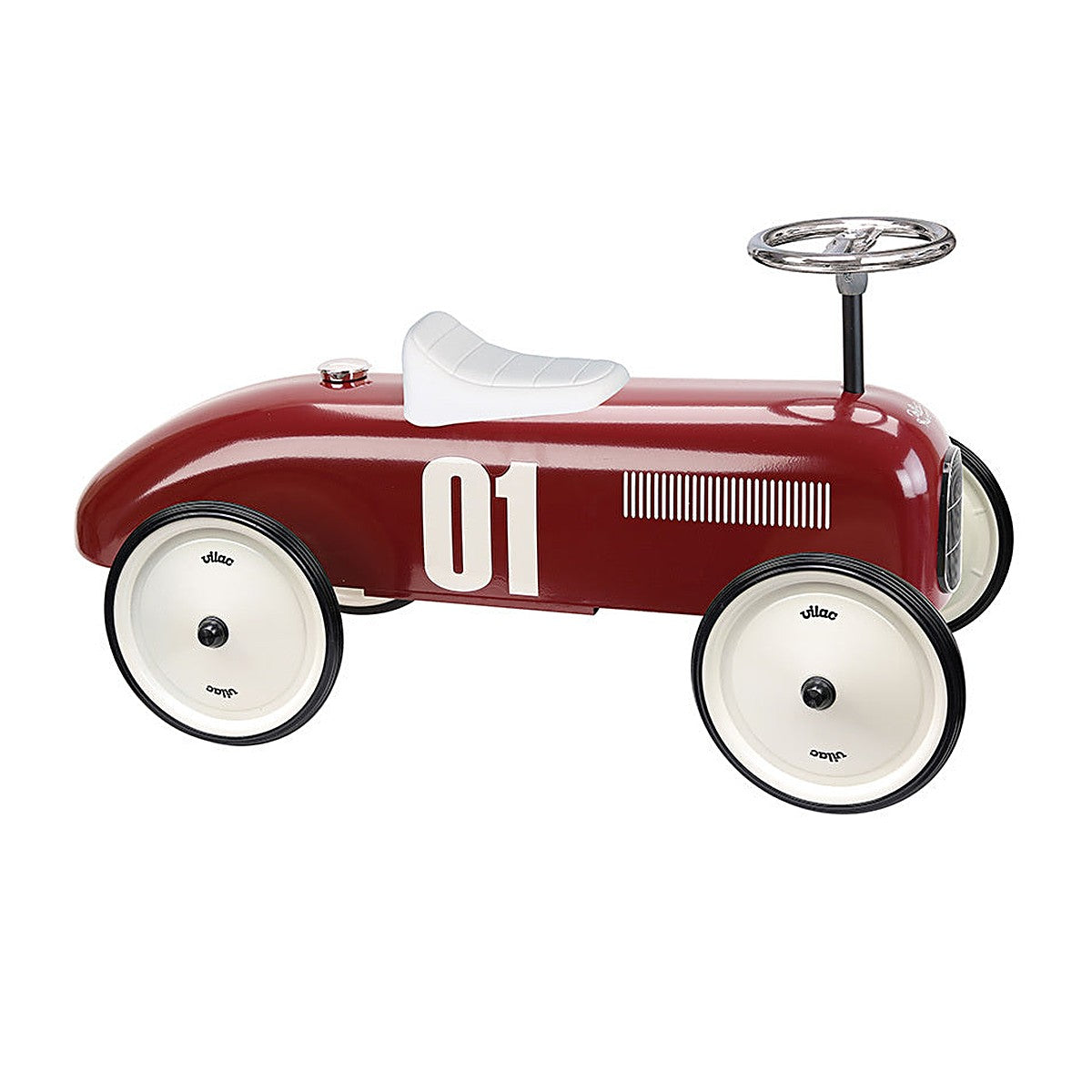 Vilac vintage metal ride-on car in Burgundy