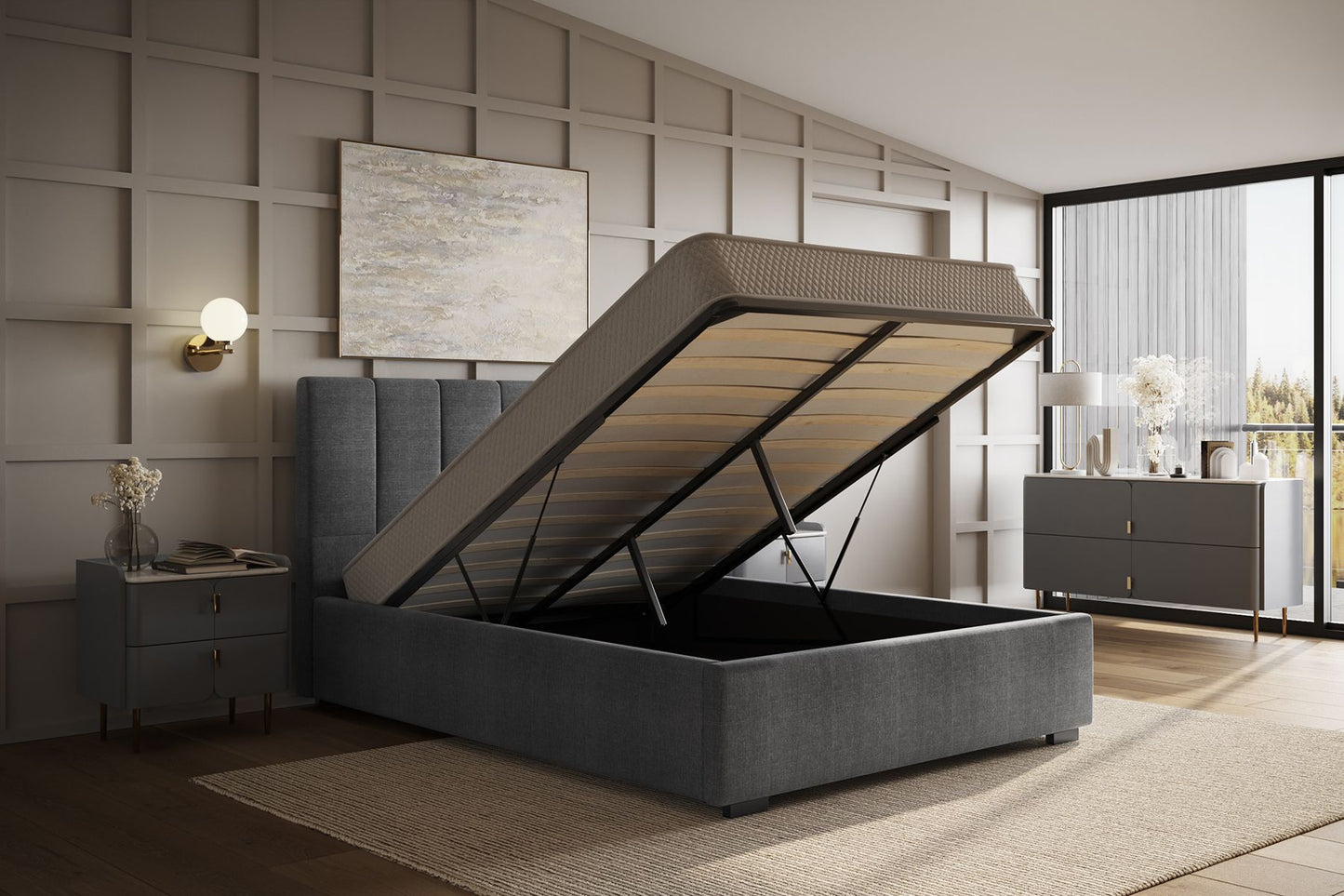 Grey Waltz Fabric Ottoman Bed