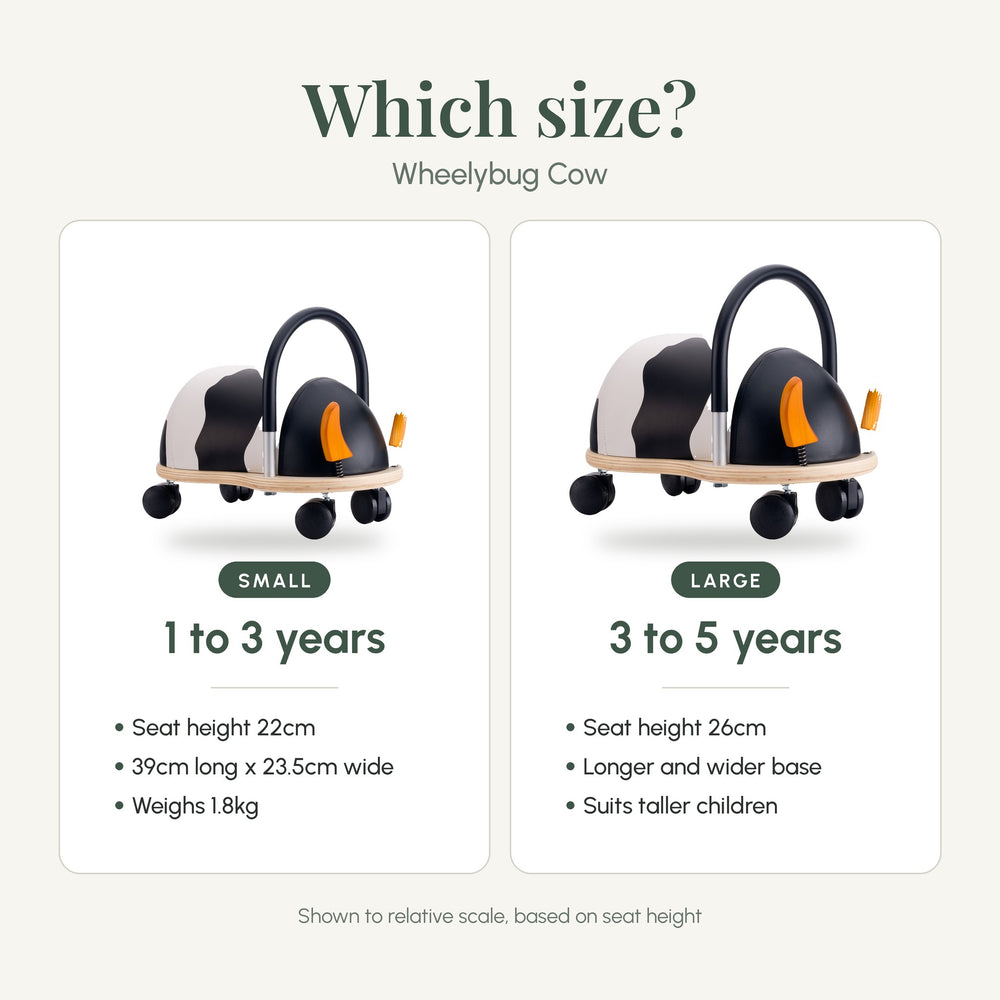 Wheelybug Cow Ride-On Toy, Small or Large dimensions