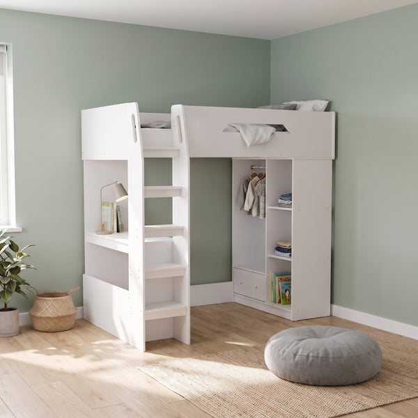 Wilton white high sleeper in a bedroom corner, flat end and back against the walls, with built-in desk, ladder and wardrobe with shelves