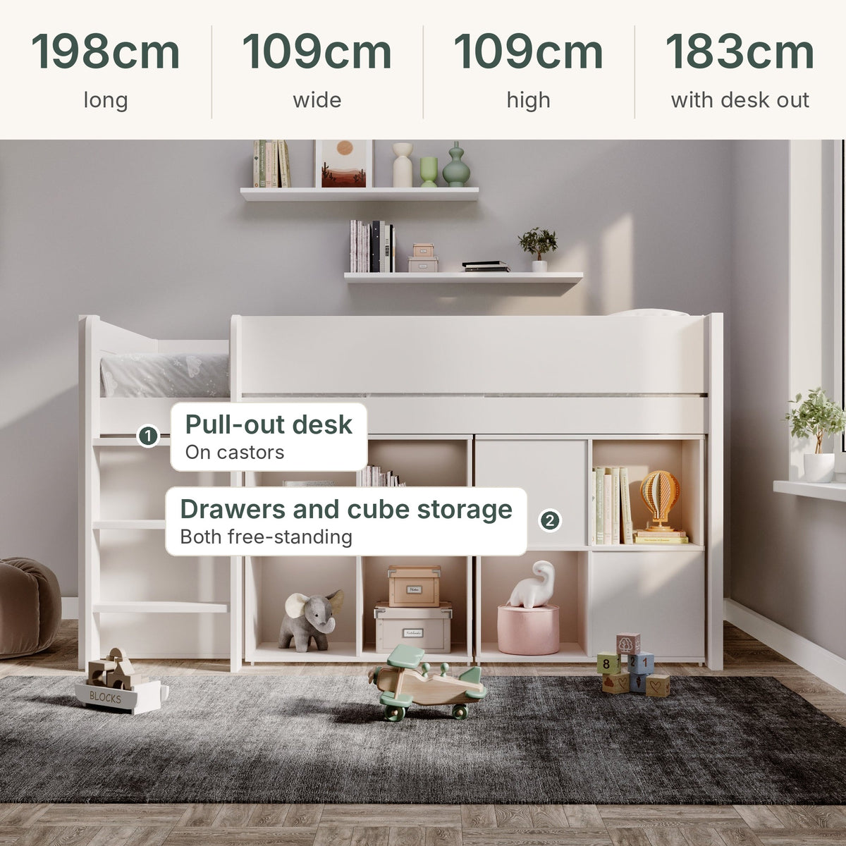 Winchester mid sleeper sizes: 198cm long, 109cm wide, 109cm high, 183cm wide with the desk pulled out