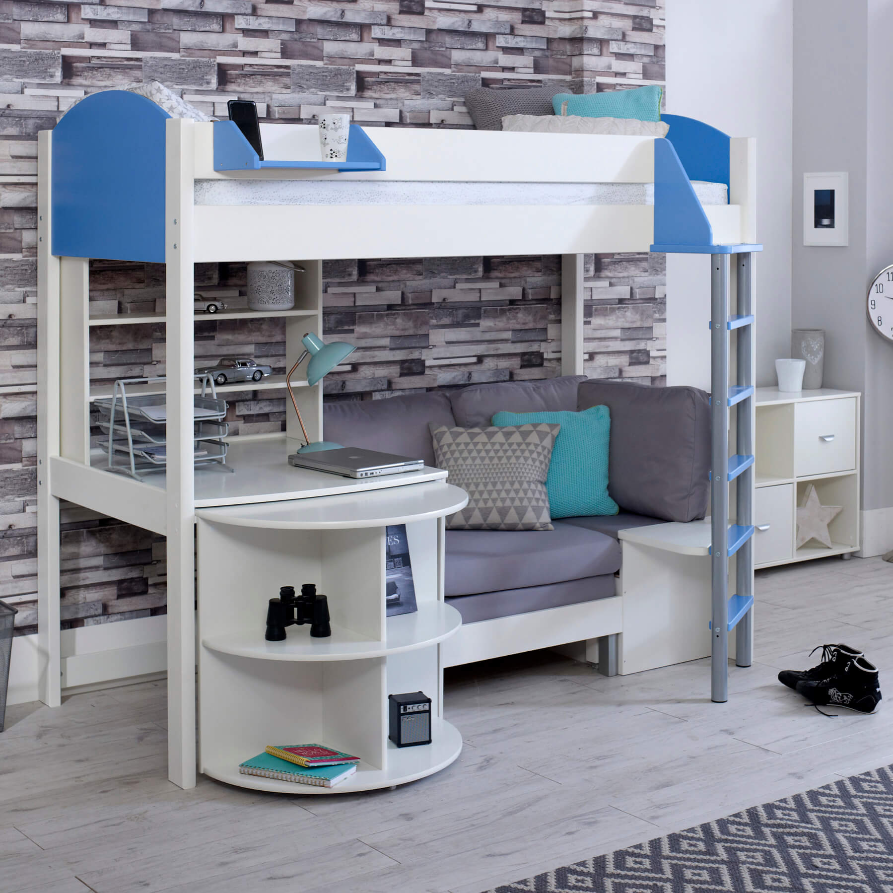 Noah & Eli Caleb High Sleeper Bed in Blue with Desk & Silver Chair Bed & Shelves