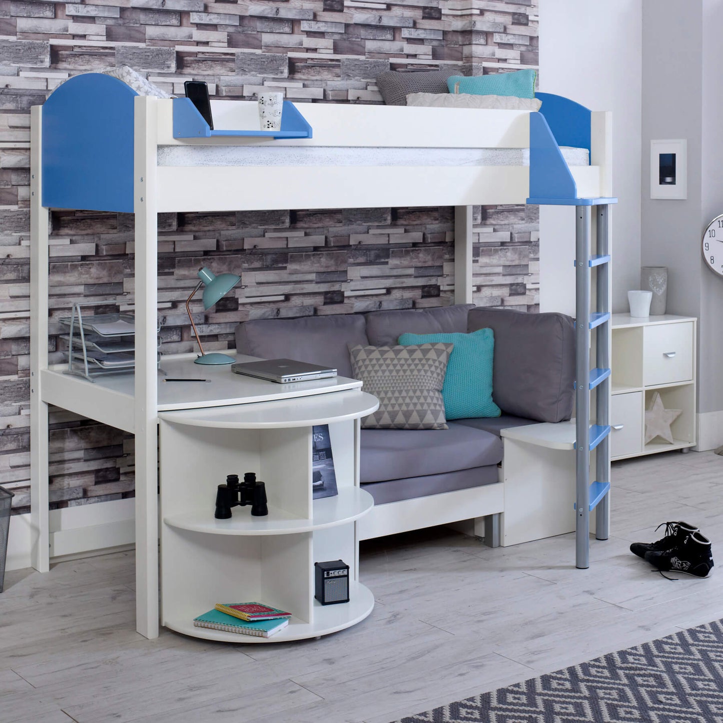 Noah & Eli Caleb High Sleeper Bed in Blue with Desk & Silver Chair Bed