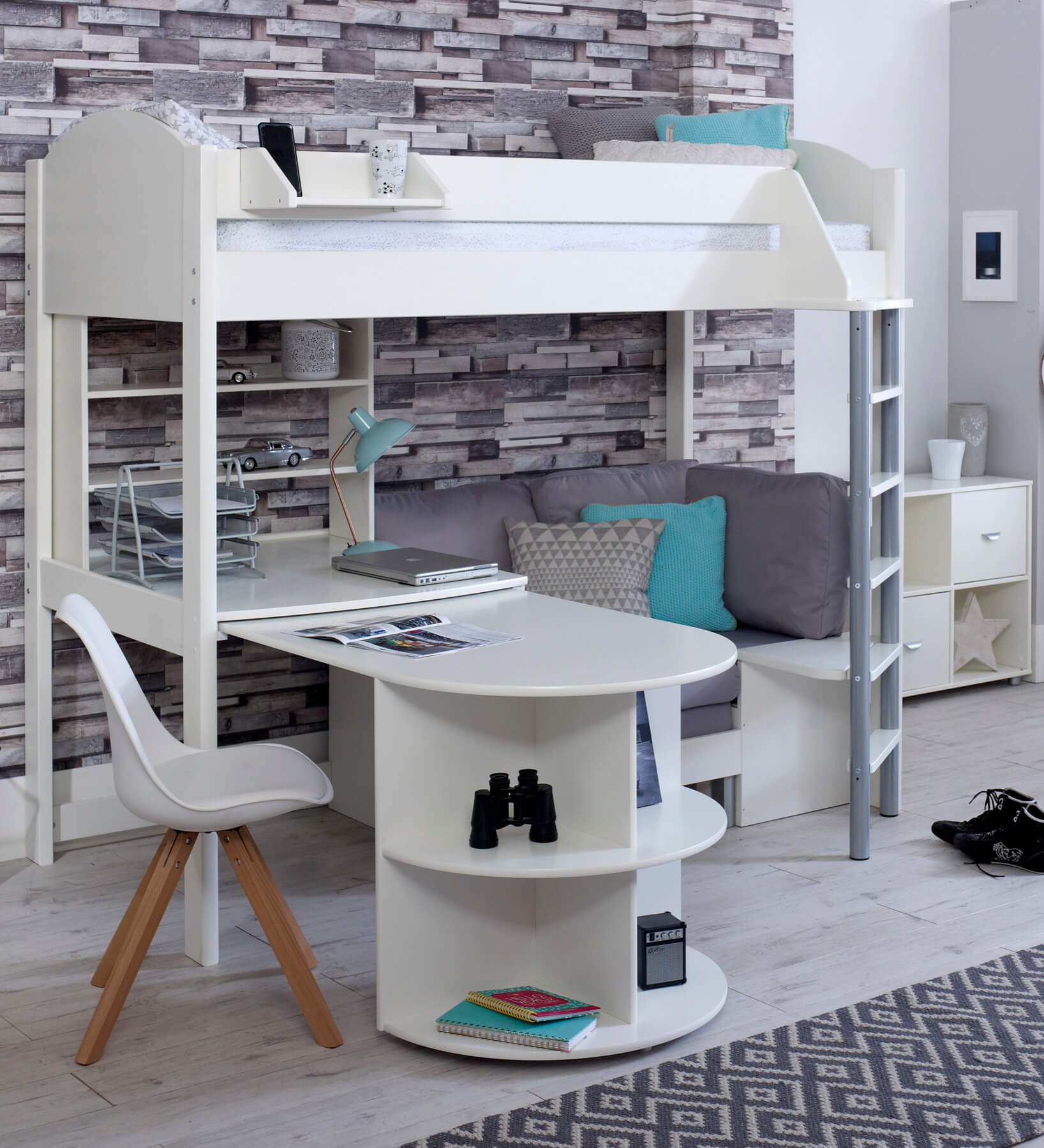 Noah & Eli Caleb High Sleeper Bed in White with Desk Extended & Silver Chair Bed & Shelves
