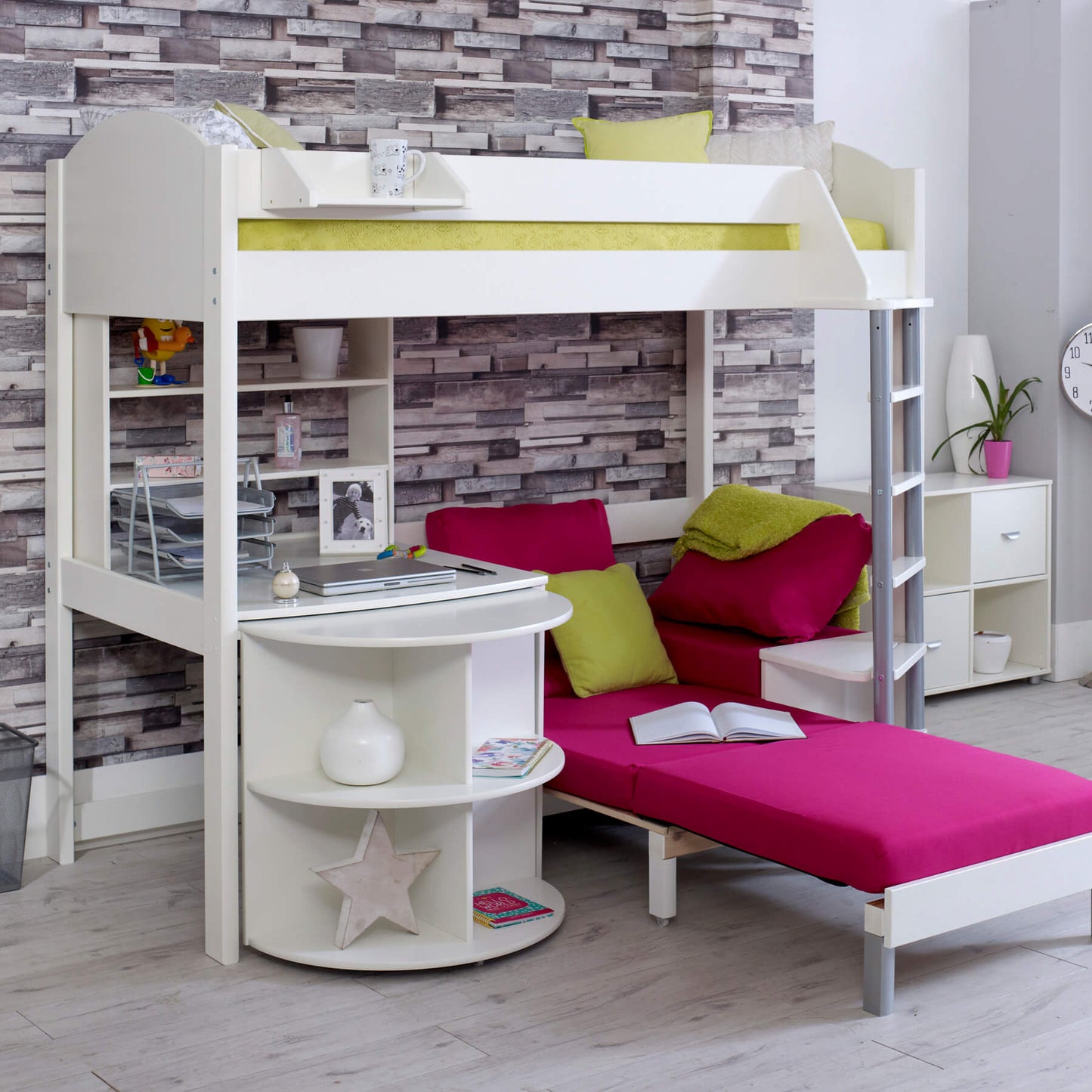 Noah & Eli Caleb High Sleeper Bed in White with Desk & Pink Chair Bed Extended + Shelves