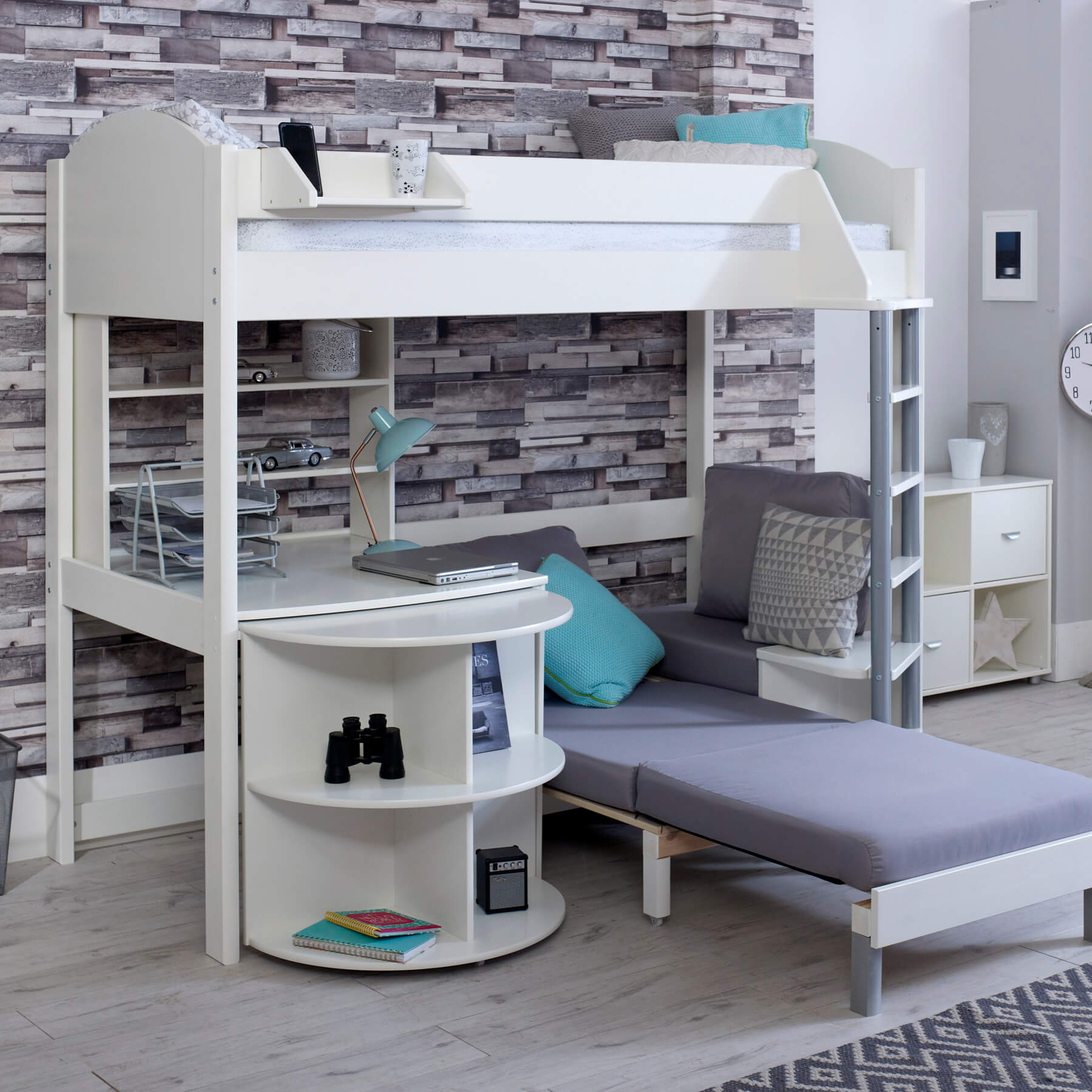 Noah & Eli Caleb High Sleeper Bed in White with Desk & Silver Chair Bed Extended + Shelves