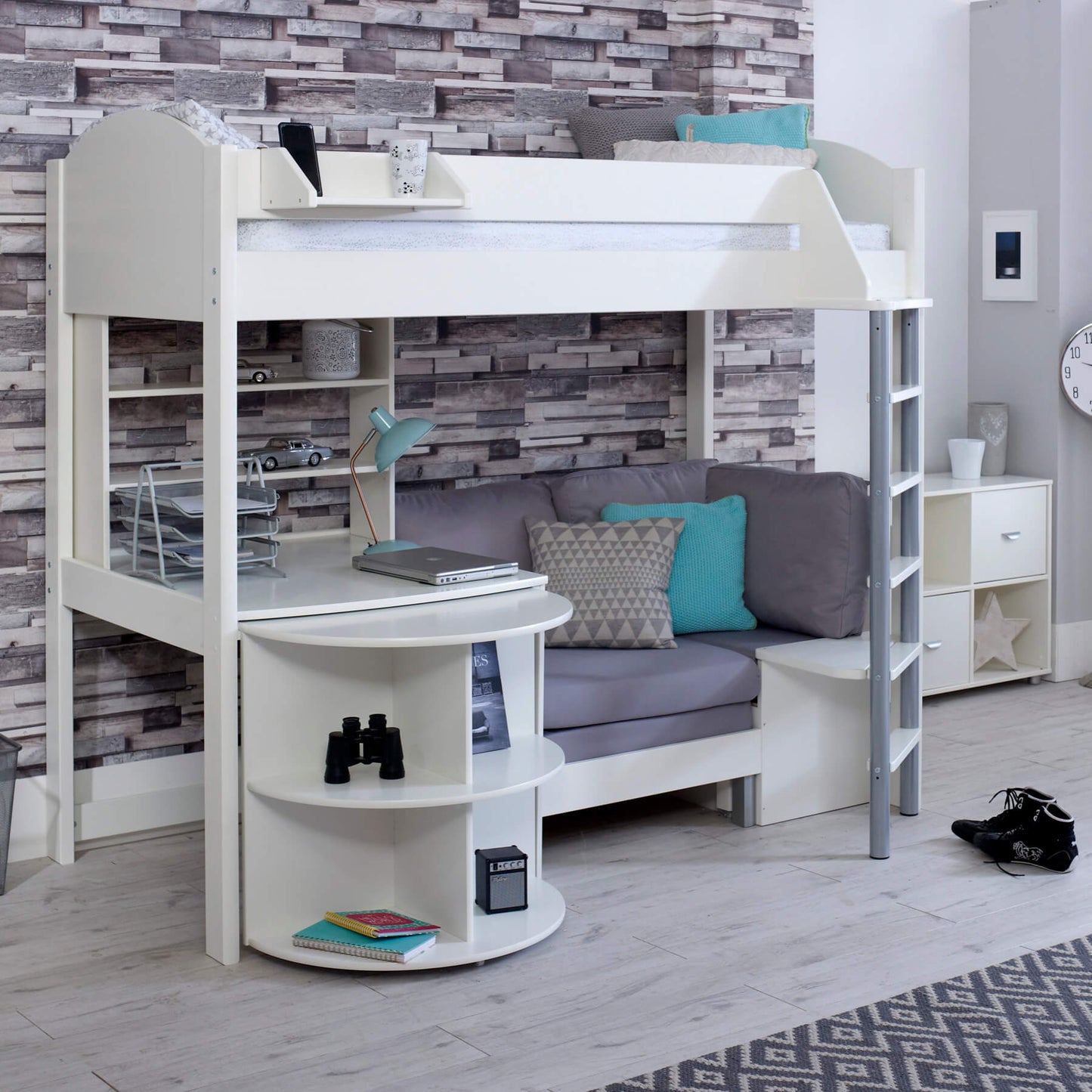 Noah & Eli Caleb High Sleeper Bed in White with Desk & Silver Chair Bed & Shelves