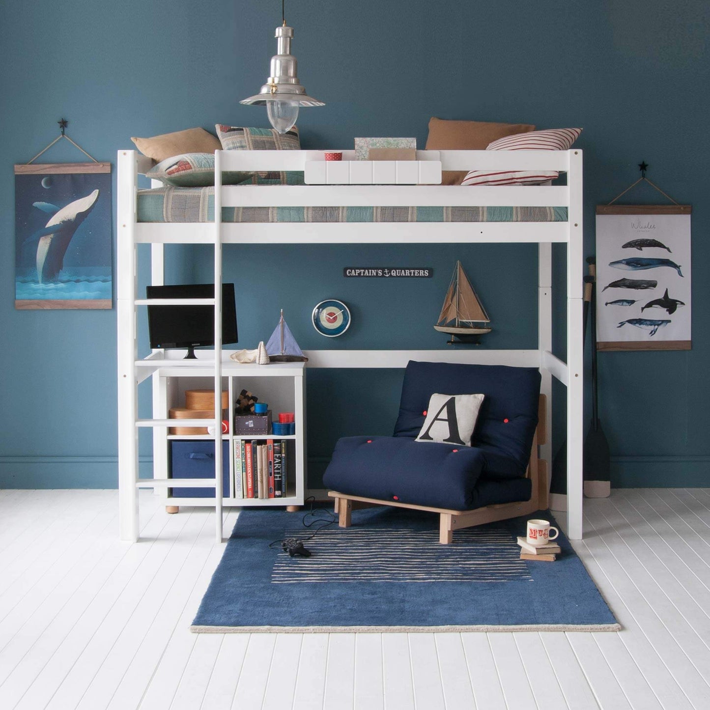 Classic Beech High Sleeper with Blue Futon Chair Bed
