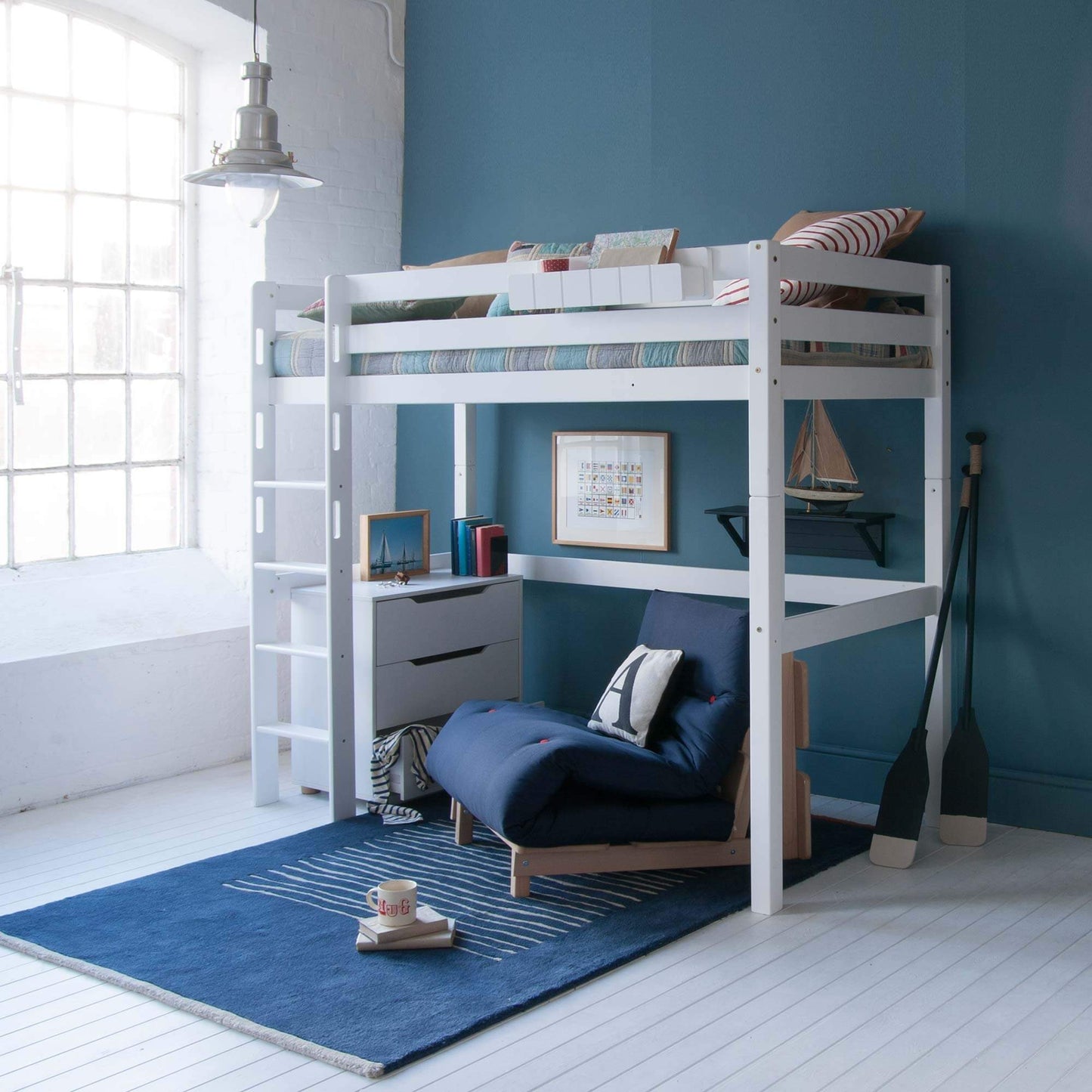 Classic Beech High Sleeper with Drawers & Blue Futon Chair Bed