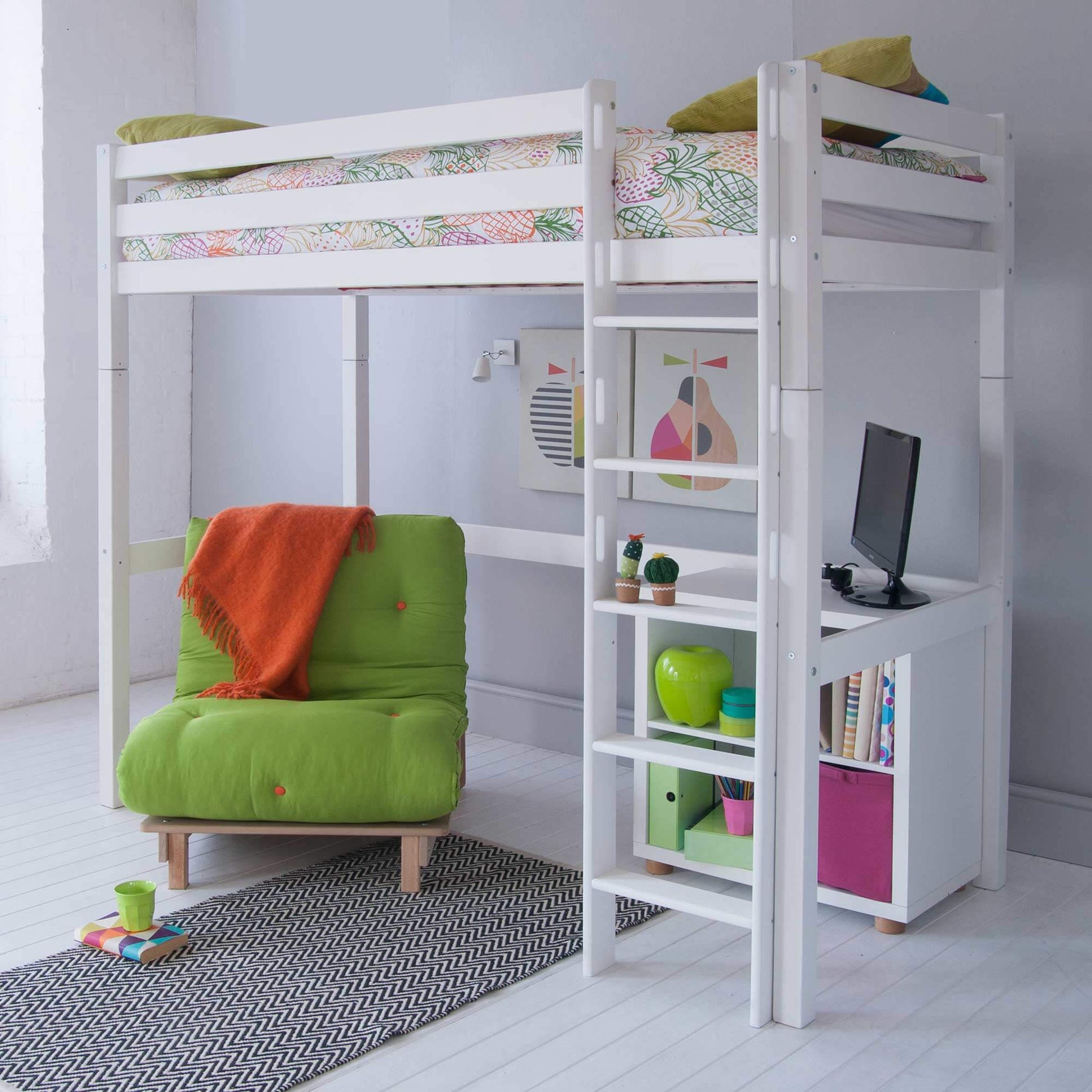 Classic Beech High Sleeper with Green Futon Chair Bed & Bookcase