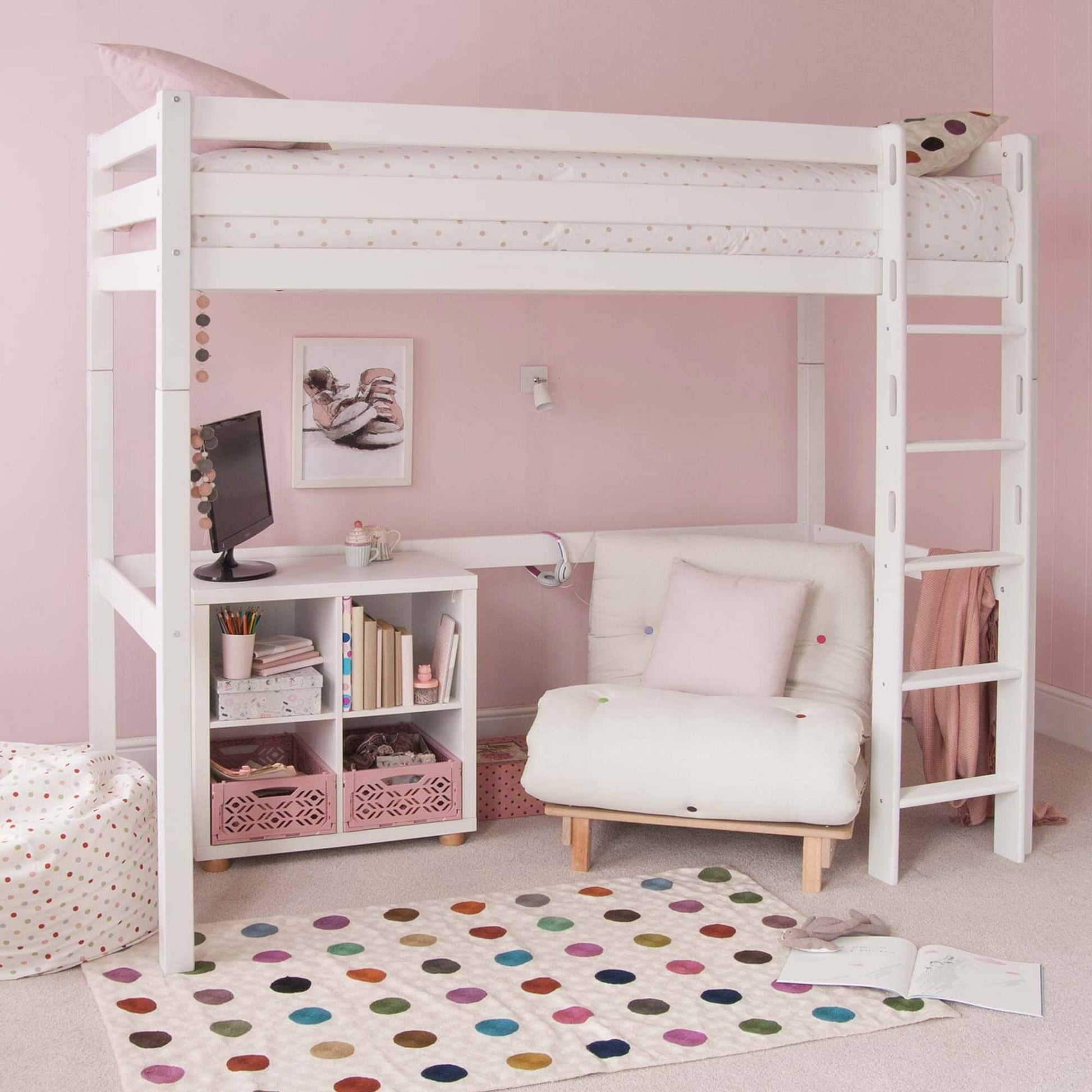Classic Beech High Sleeper with White Futon Chair Bed & Bookcase