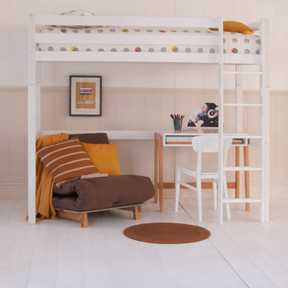 Ella Classic Beech High Sleeper with Freestanding Desk & Brown Futon Chair Bed Closeup