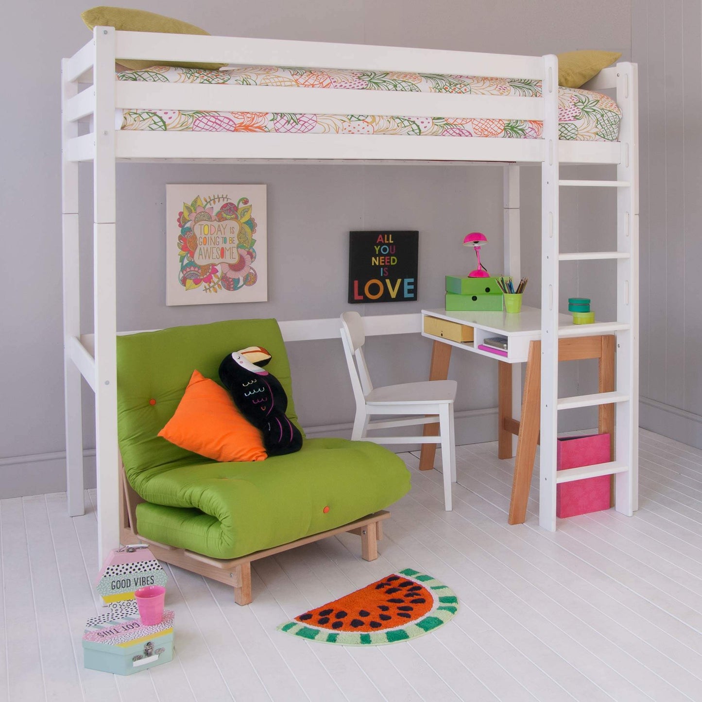 Ella Classic Beech High Sleeper with Freestanding Desk & Green Futon Chair Bed Closeup