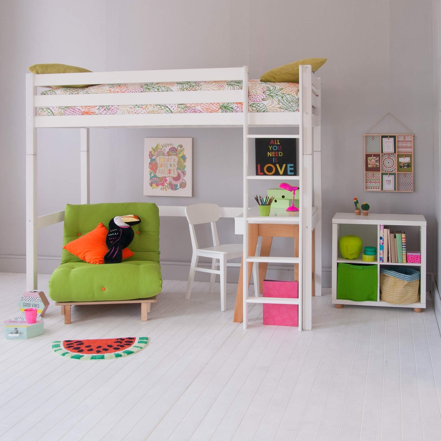 Ella Classic Beech High Sleeper with Freestanding Desk & Storage With Green Futon Chair Bed