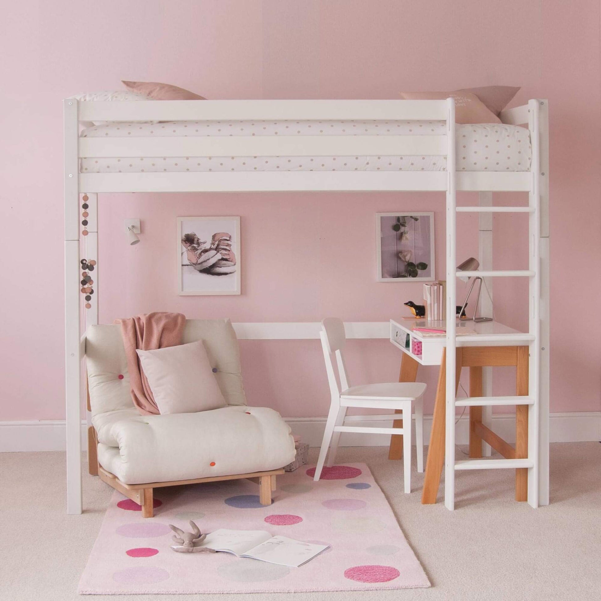 Ella Classic Beech High Sleeper with Freestanding Desk & White Futon Chair Bed