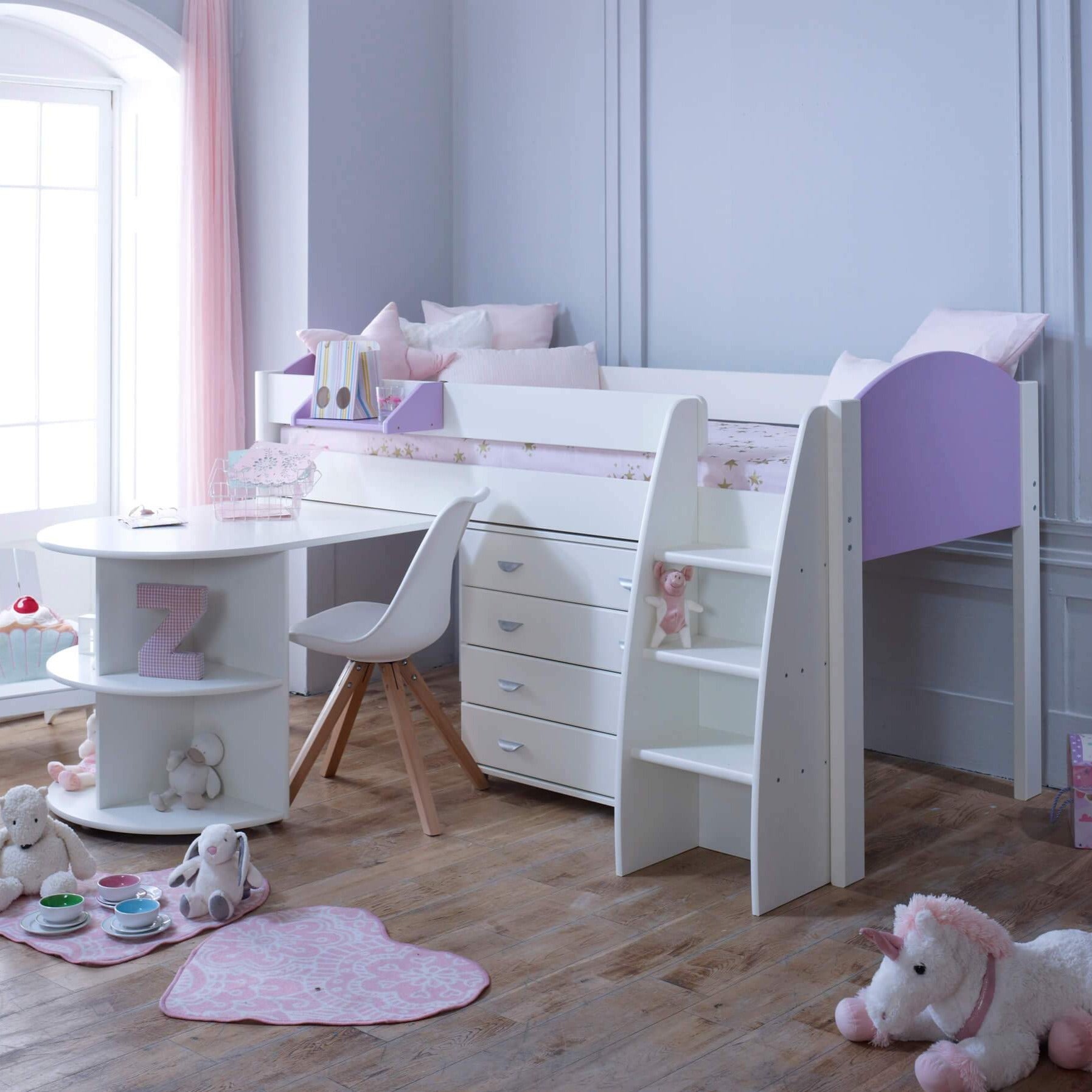 Evan Lilac Mid Sleeper Bed with Pull Out Desk & Drawers Desk Out