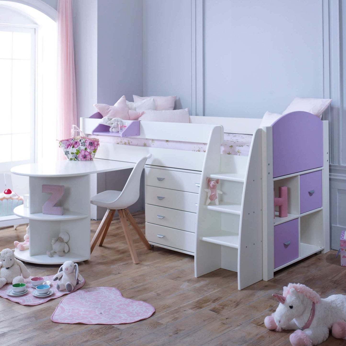 Evan Lilac Mid Sleeper Bed with Pull Out Desk, Drawers & Optional Storage Desk Out