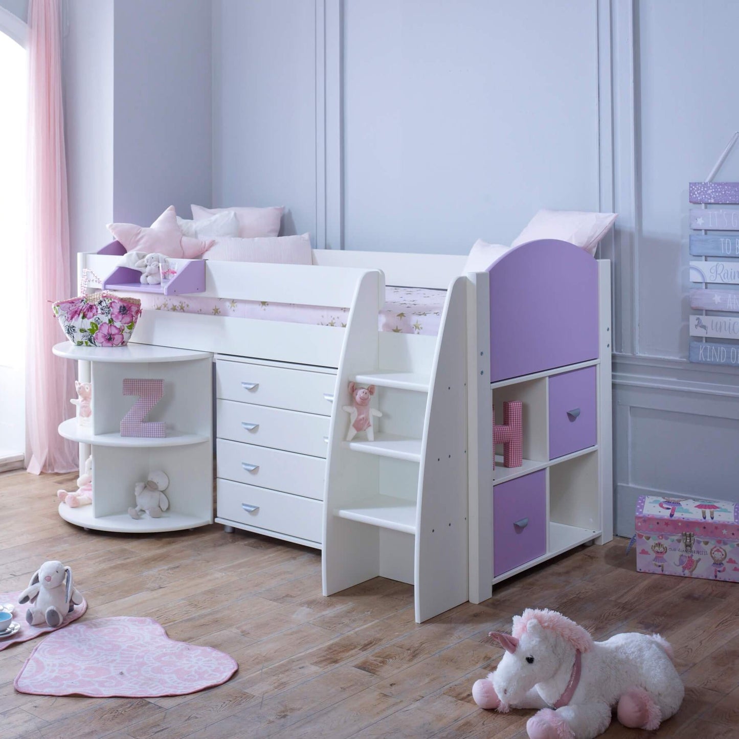 Evan Lilac Mid Sleeper Bed with Pull Out Desk, Drawers & Optional Storage