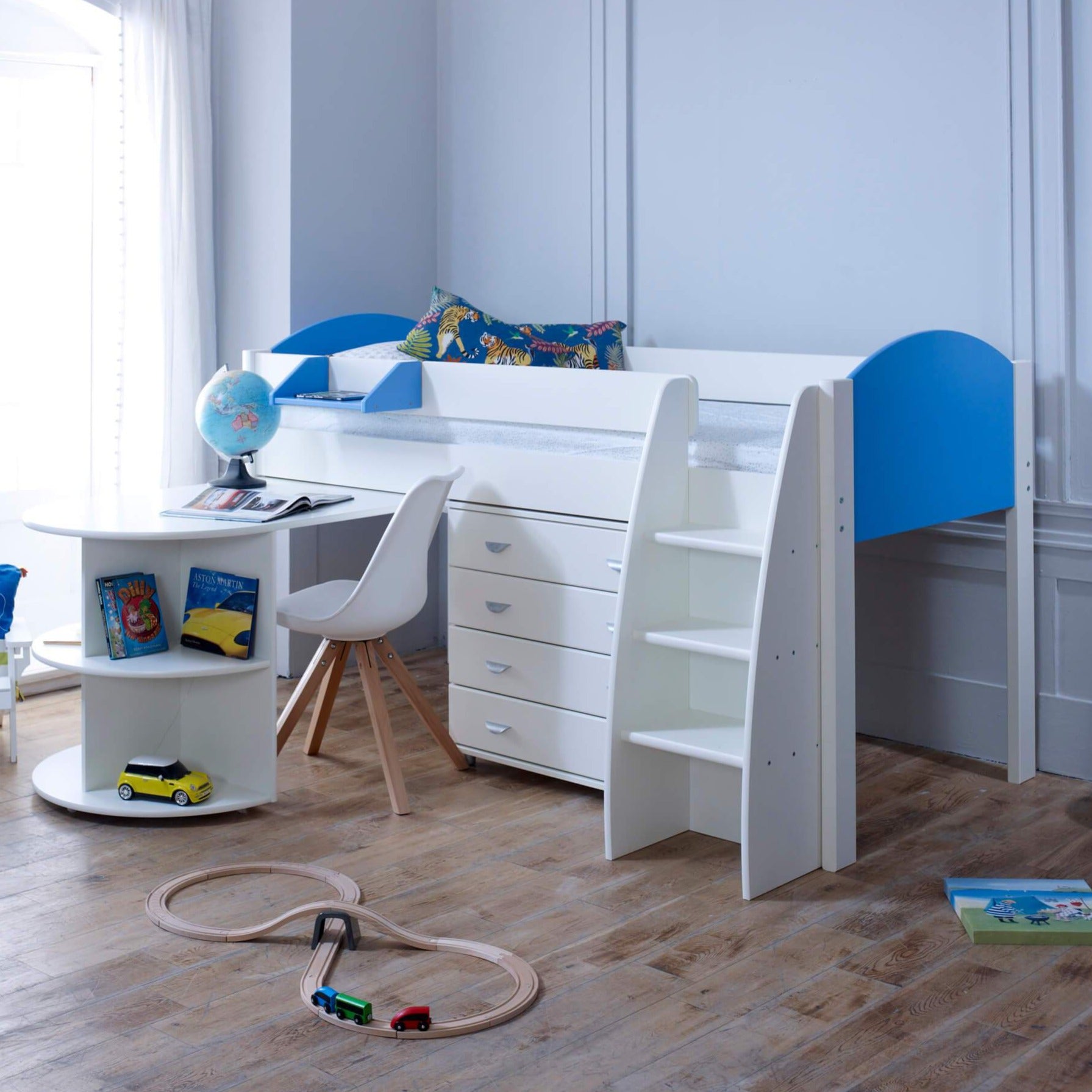 Evan Sky Blue Mid Sleeper Bed with Pull Out Desk & Drawers - Desk Out