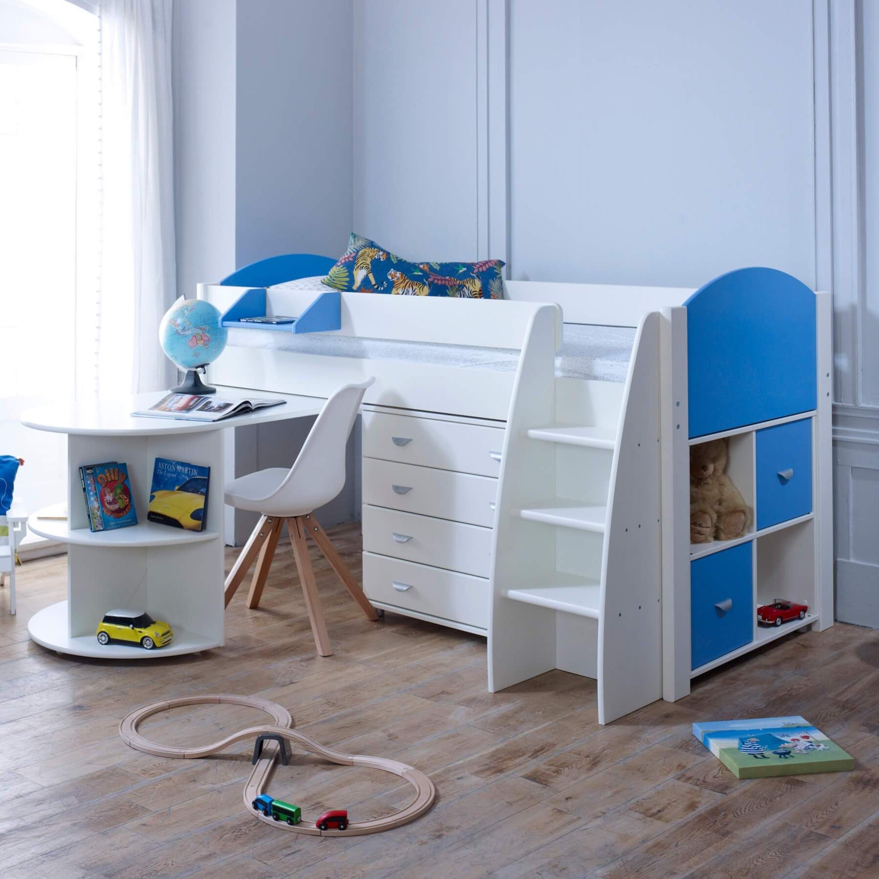 Evan Sky Blue Mid Sleeper Bed with Pull Out Desk, Drawers & Optional Storage - Desk Out