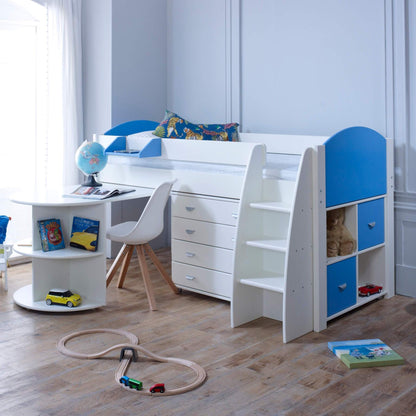 Evan Sky Blue Mid Sleeper Bed with Pull Out Desk, Drawers & Optional Storage - Desk Out