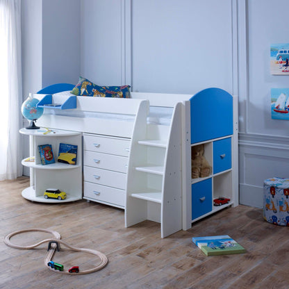Evan Sky Blue Mid Sleeper Bed with Pull Out Desk, Drawers & Optional Storage