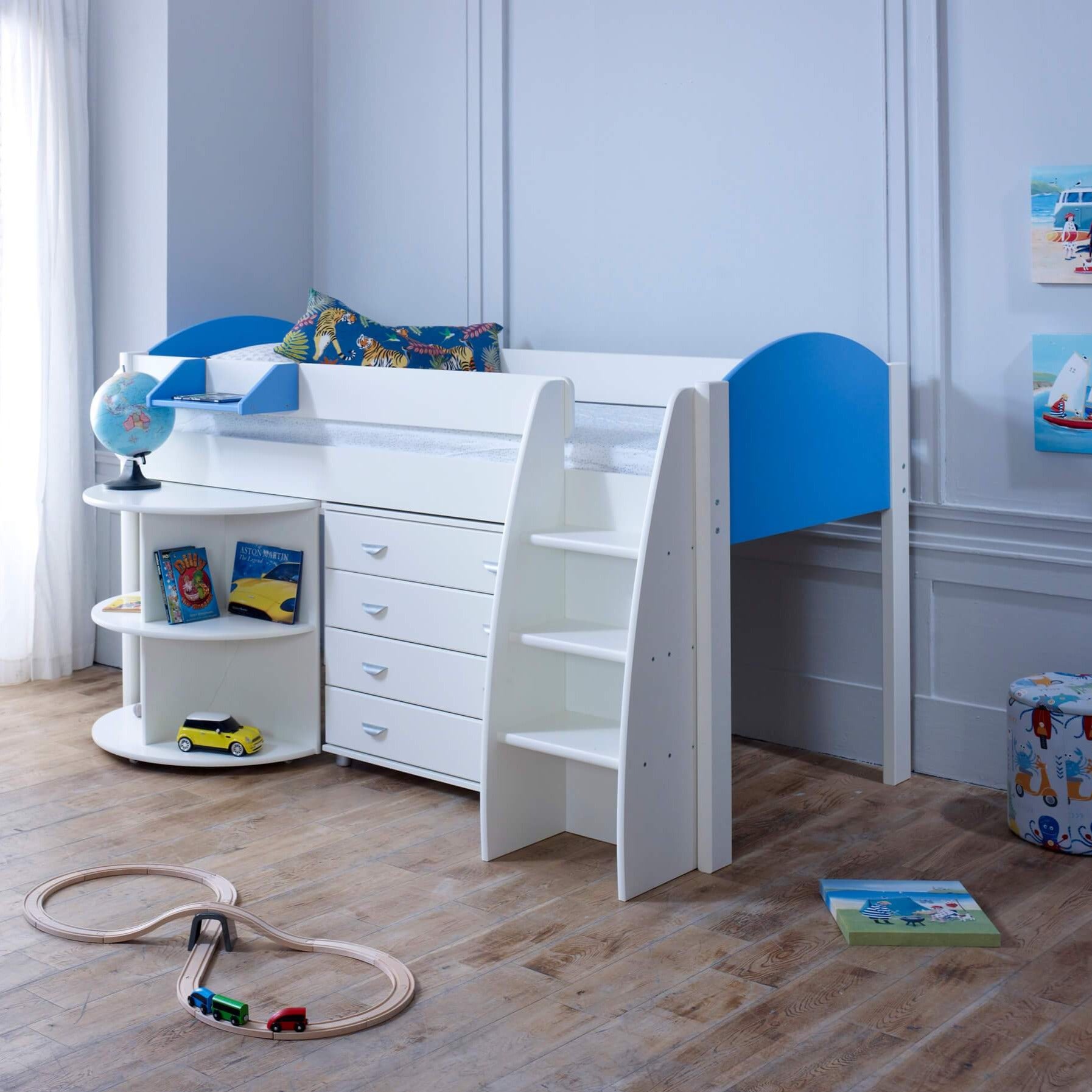 Evan Sky Blue Mid Sleeper Bed with Pull Out Desk & Drawers