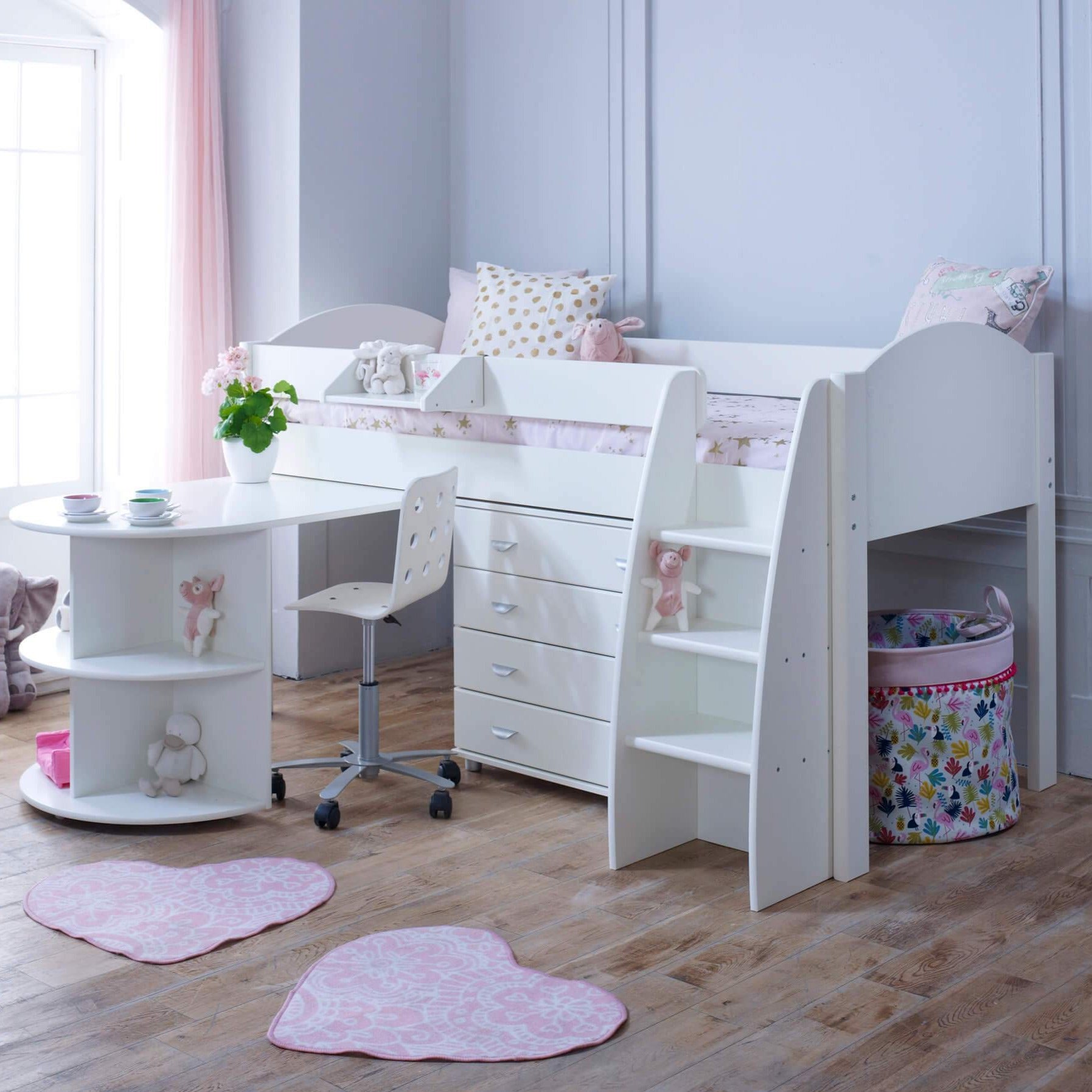 Evan White Mid Sleeper Bed with Pull Out Desk & Drawers - Desk Out