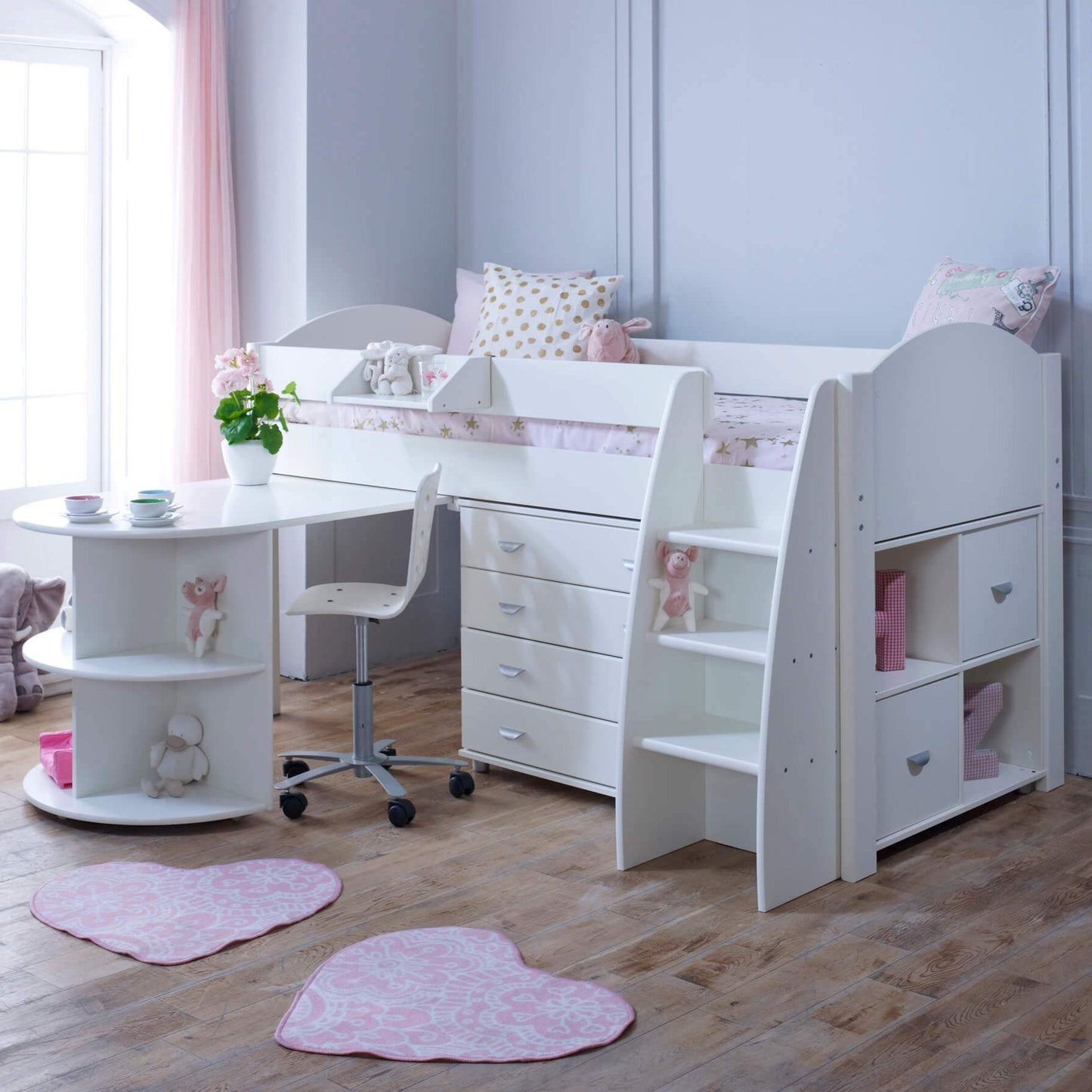 Evan White Mid Sleeper Bed with Pull Out Desk, Drawers & Optional Storage - Desk Out