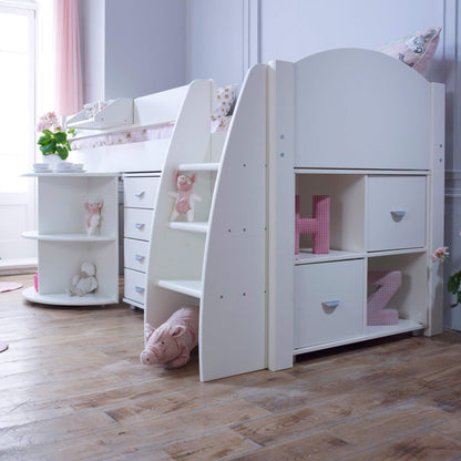 Evan White Mid Sleeper Bed with Pull Out Desk, Drawers & Optional Storage End