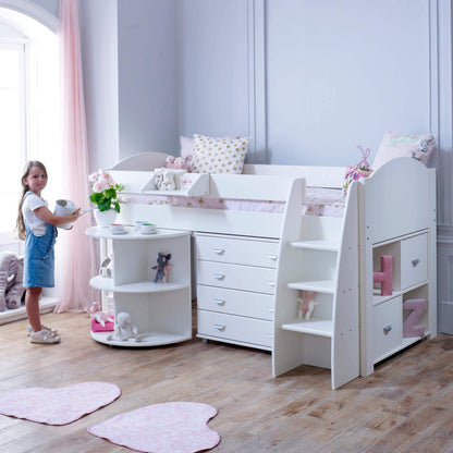 Evan White Mid Sleeper Bed with Pull Out Desk, Drawers & Optional Storage Girls Room