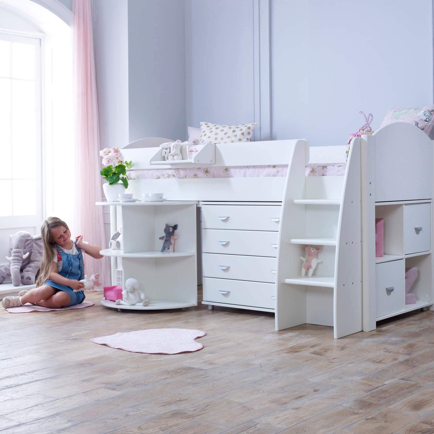 Evan White Mid Sleeper Bed with Pull Out Desk, Drawers & Optional Storage Playroom