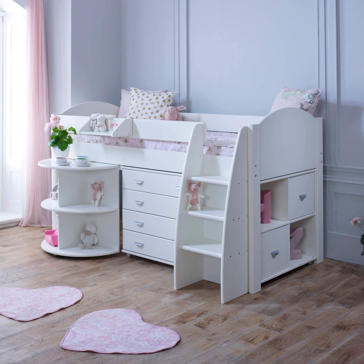 Evan White Mid Sleeper Bed with Pull Out Desk & Drawers & Optional Storage