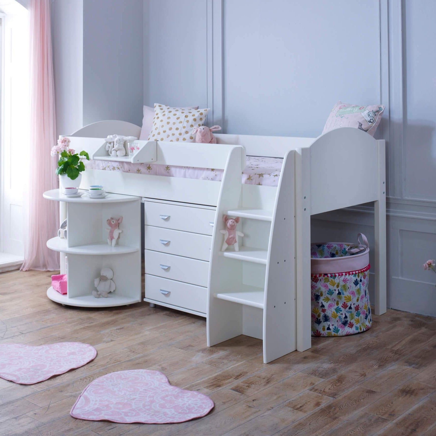 Evan White Mid Sleeper Bed with Pull Out Desk & Drawers