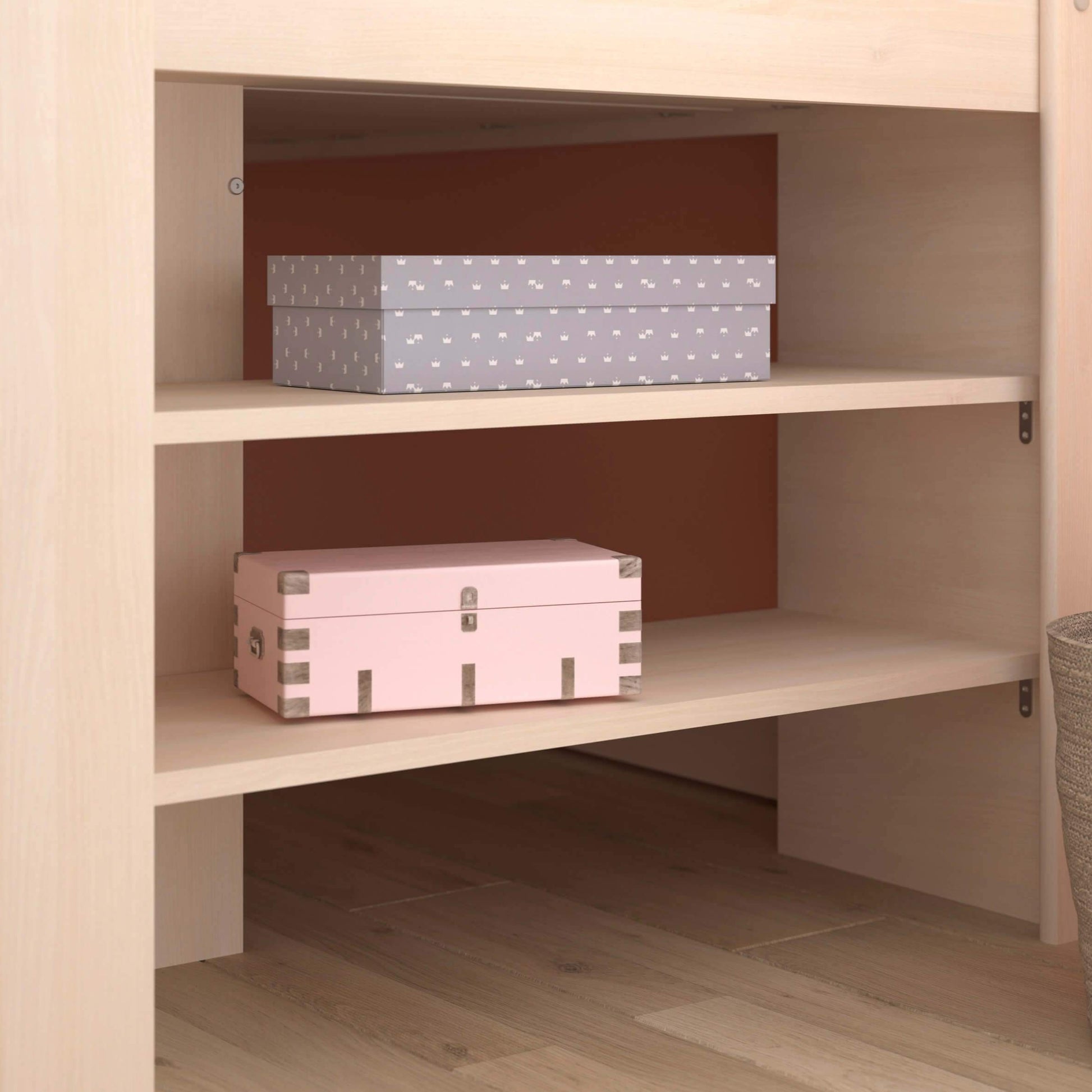Kurt Mid Sleeper Bed with Pull Out Desk Cupboard & Shelves Close Up Shelves Girls