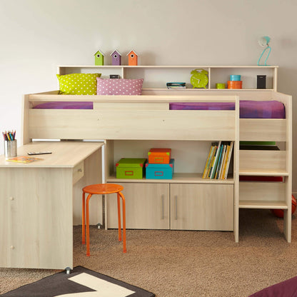 Kurt Mid Sleeper Bed with Pull Out Desk Cupboard & Shelves Neutral Wide