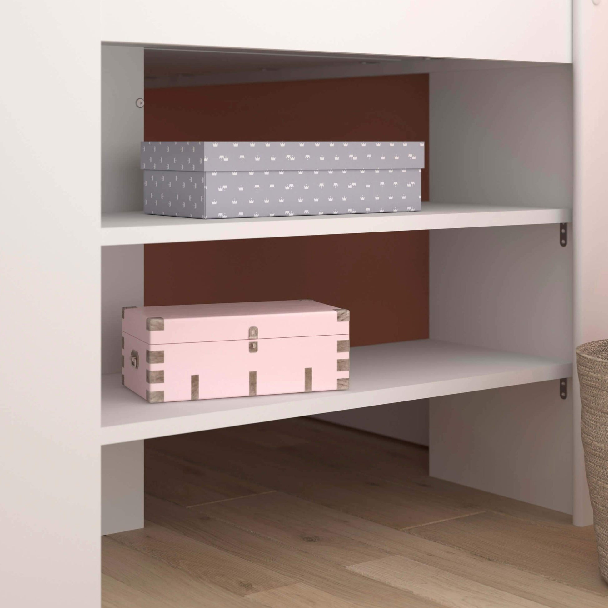 Kurt Mid Sleeper Bed with Pull Out Desk Cupboard & Shelves White Shelves Girl