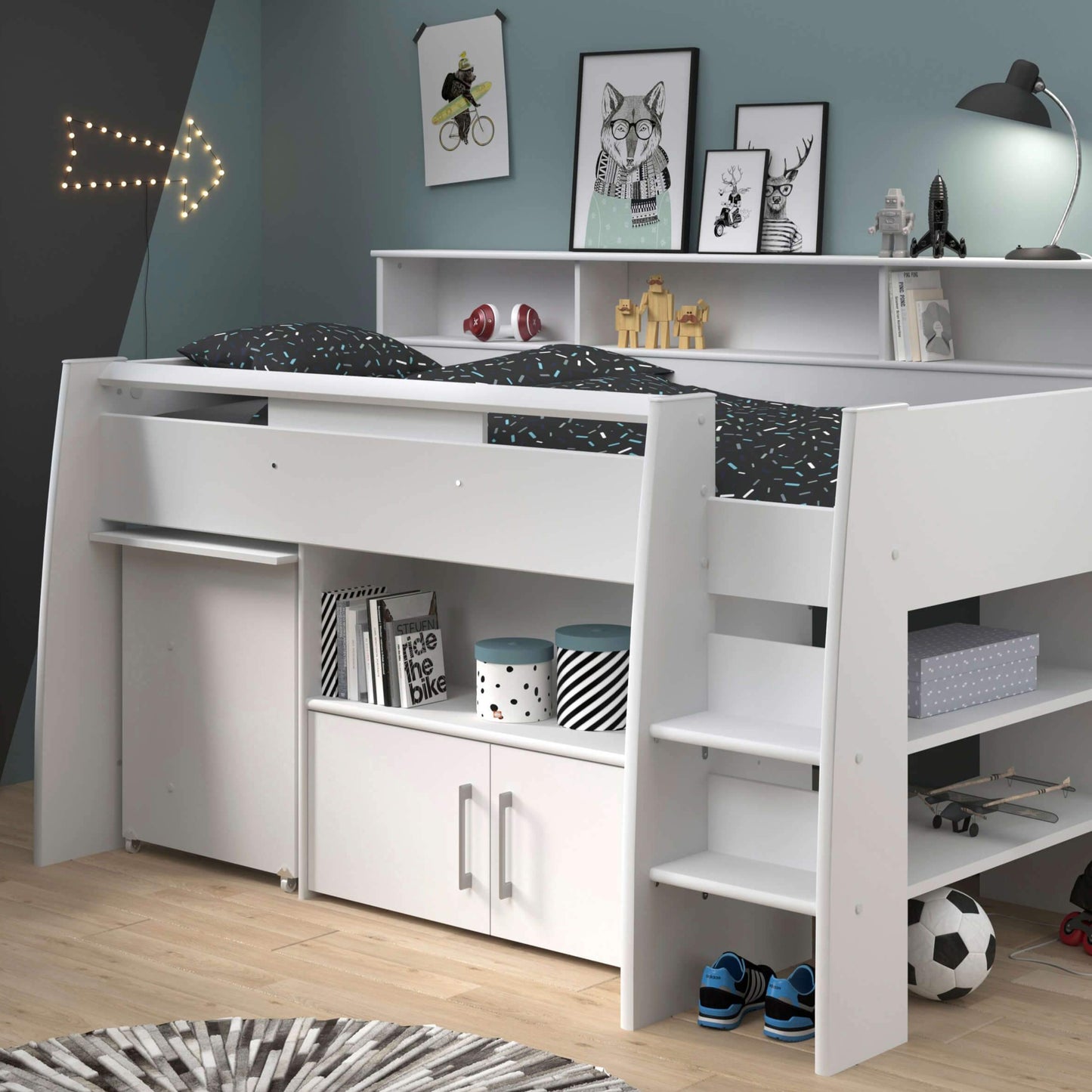 Kurt Mid Sleeper Bed with Pull Out Desk Cupboard & Shelves White Wide Boys