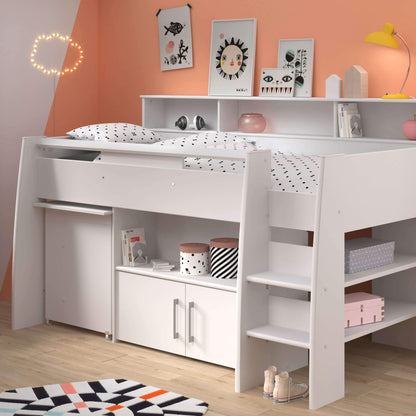 Kurt Mid Sleeper Bed with Pull Out Desk Cupboard & Shelves White Wide Girls