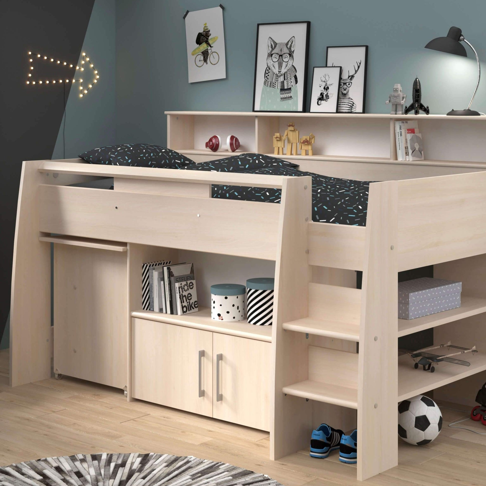 Kurt Mid Sleeper Bed with Pull Out Desk Cupboard & Shelves Wood Wide Shot Boys