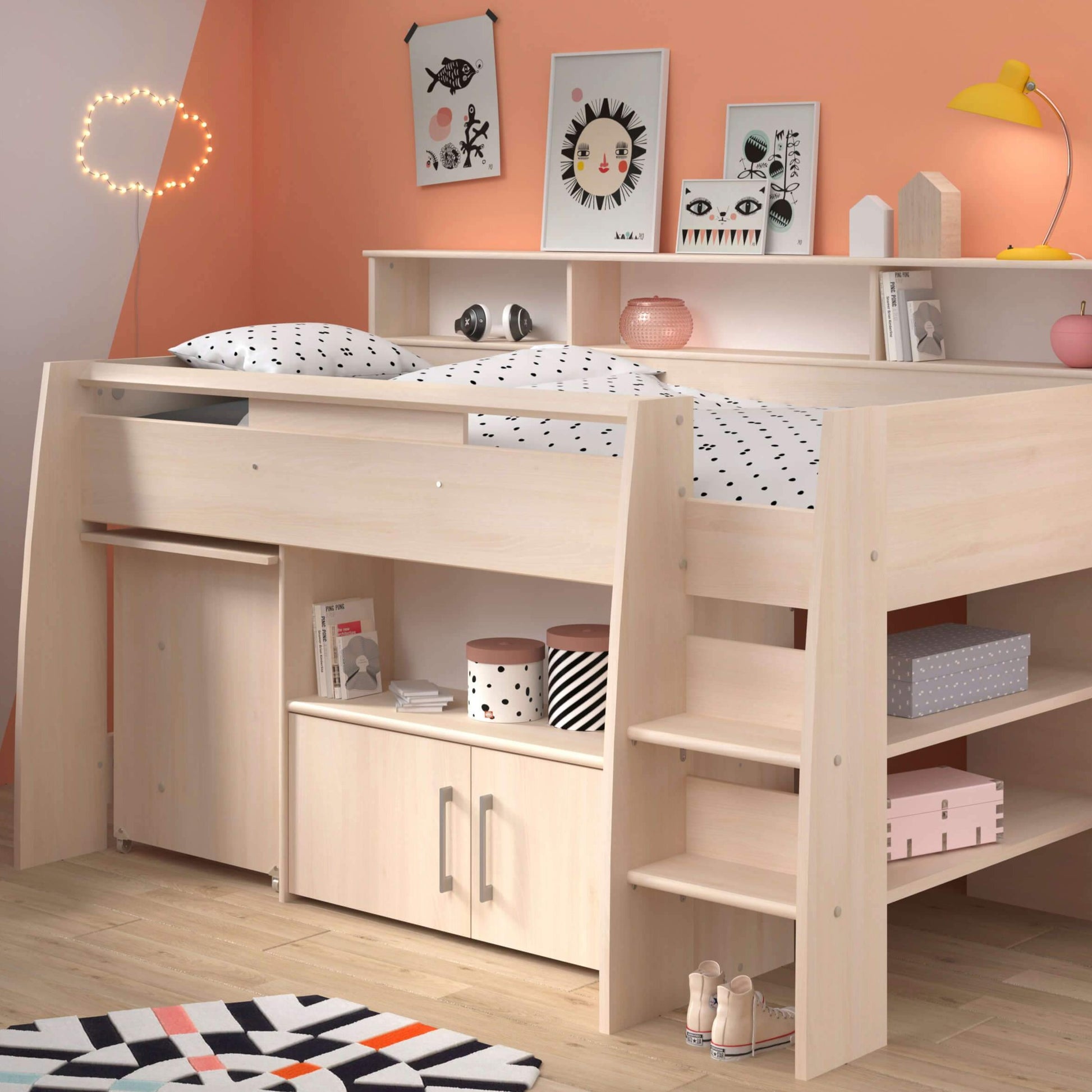Kurt Mid Sleeper Bed with Pull Out Desk Cupboard & Shelves Wood Wide Shot Girls
