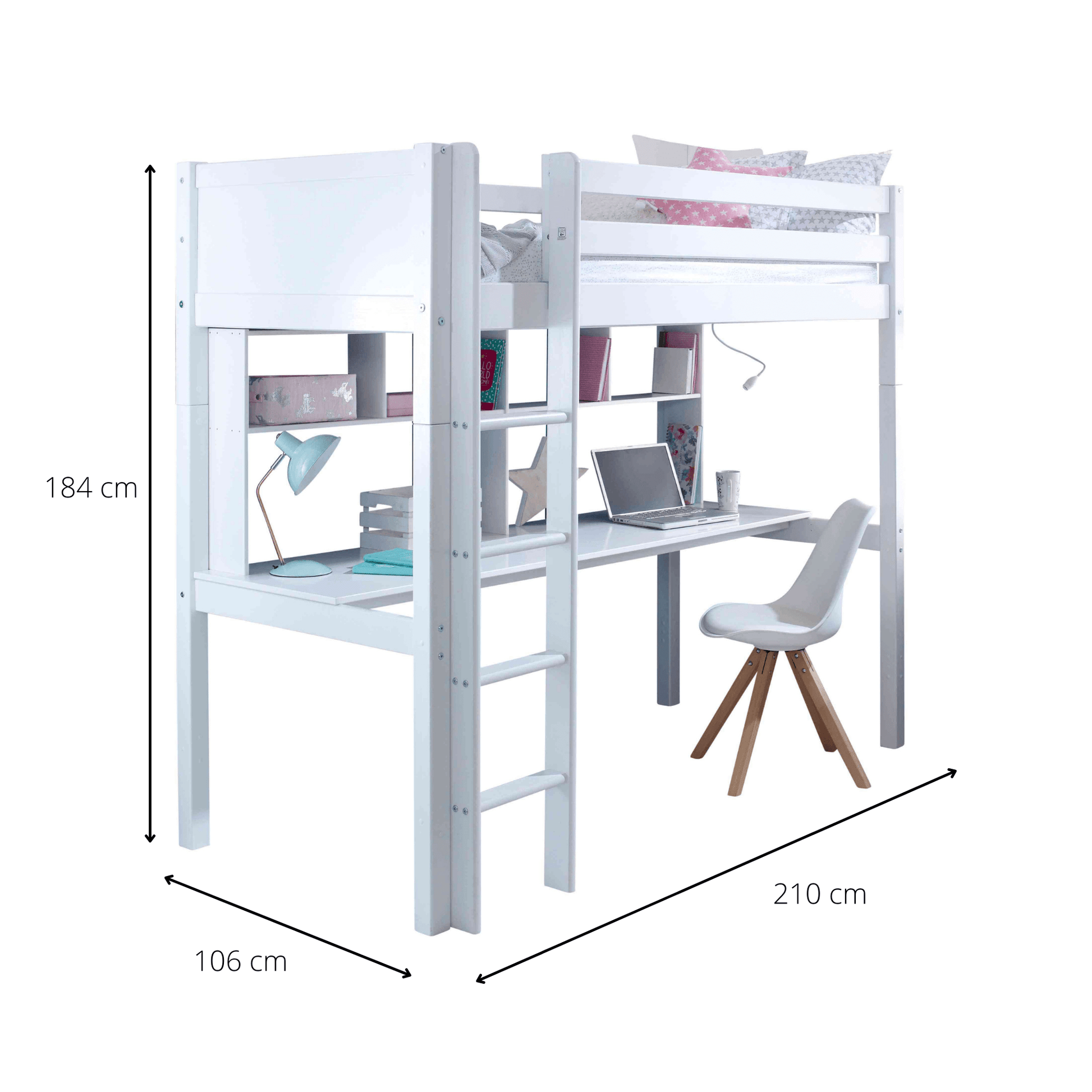 Holly Nordic High Sleeper Bed with Desk & Shelves Dimensions