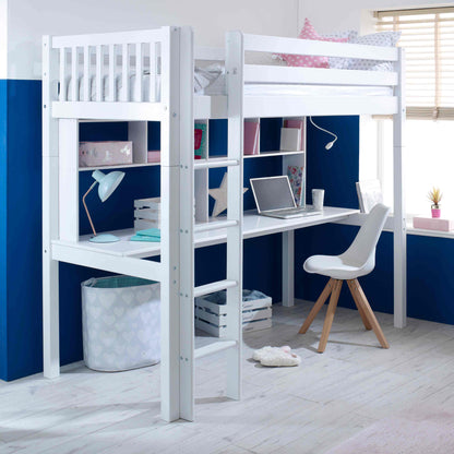 Holly Nordic High Sleeper Bed with Desk & Shelves With Slatted Ends