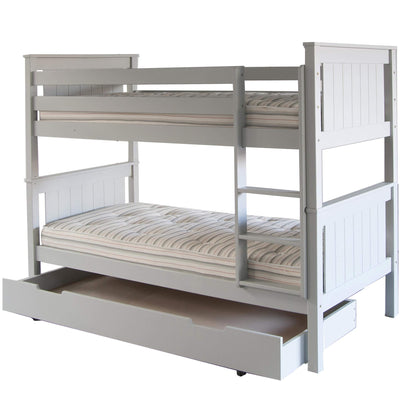 Classic Beech Dove Grey Bunk Bed with Trundle Guest Bed Cut Out Open