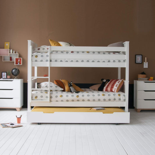 Classic Beech White Bunk Bed with Trundle Guest Bed