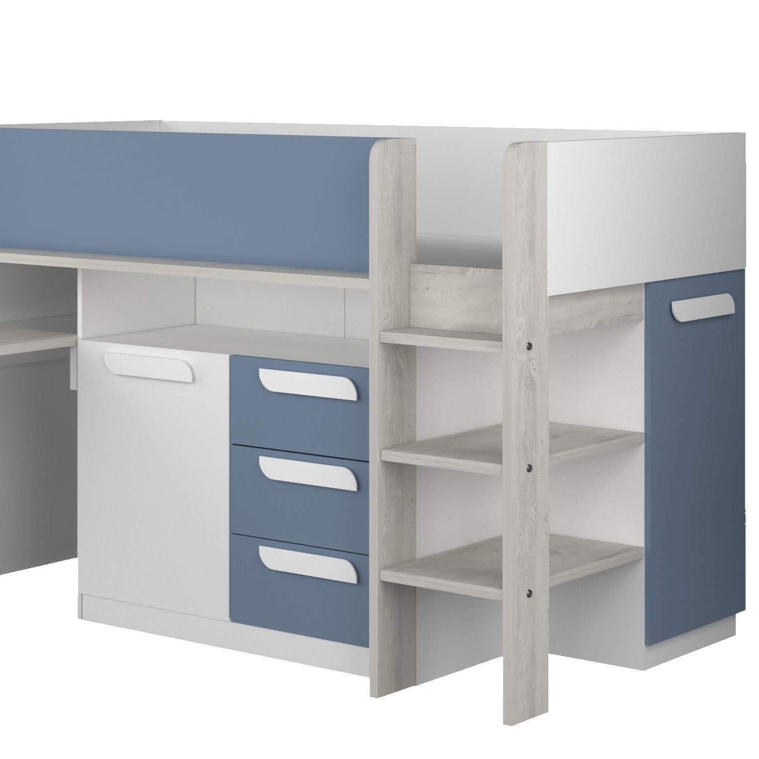 Girona Mid Sleeper Bed with Pull Out Desk Cupboard & Drawers In Blue Cut Out
