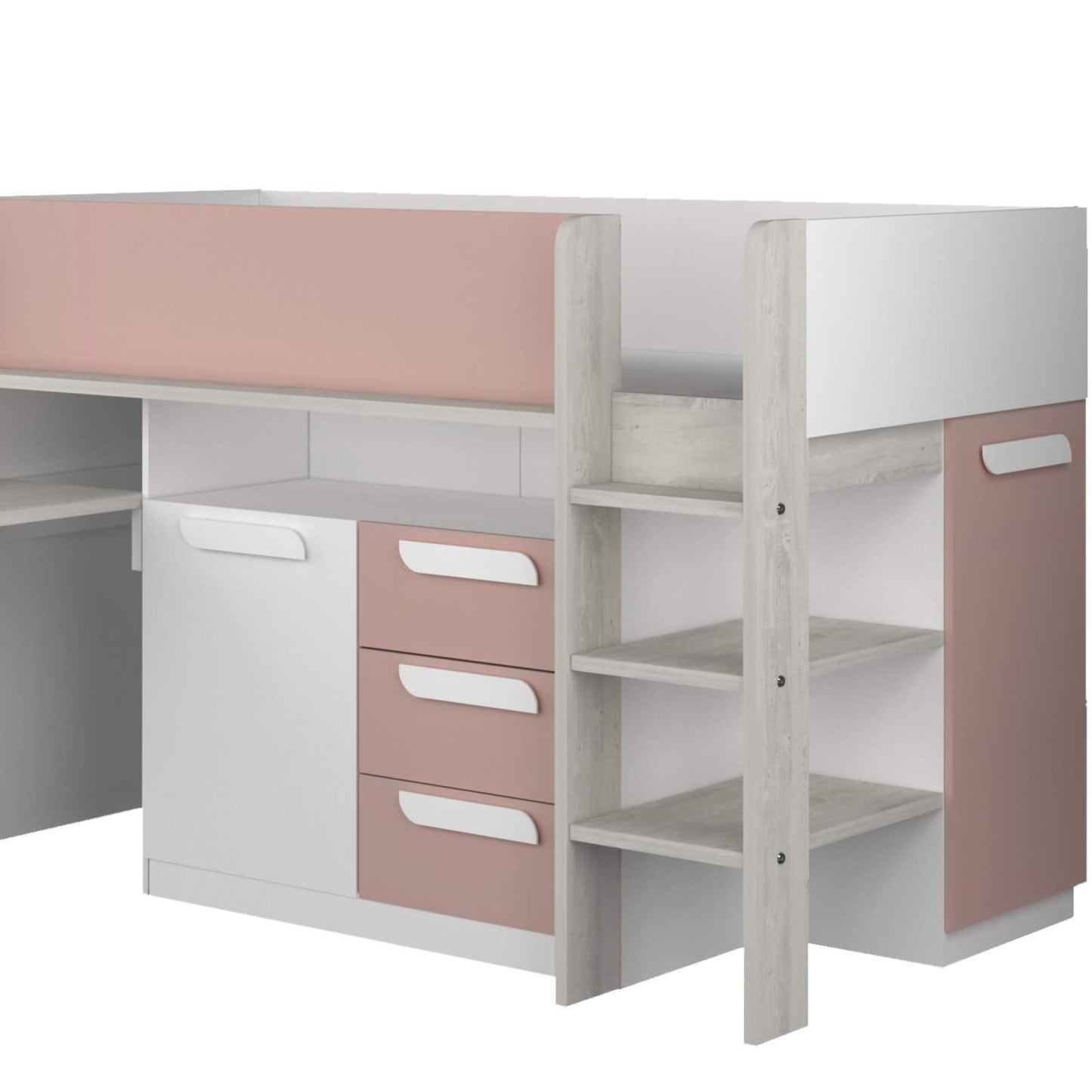 Girona Mid Sleeper Bed with Pull Out Desk Cupboard & Drawers In Pink Cut Out