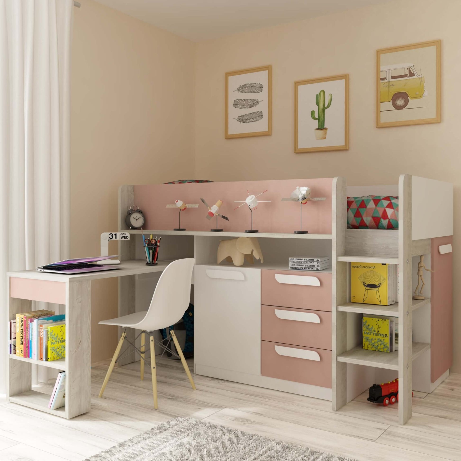 Girona Mid Sleeper Bed with Pull Out Desk Cupboard & Drawers In Pink Desk Open