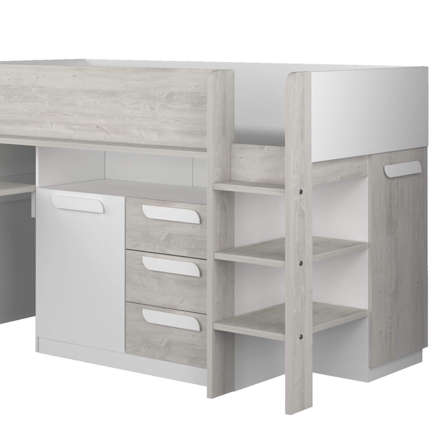 Girona Mid Sleeper Bed with Pull Out Desk Cupboard & Drawers In White Cut Out